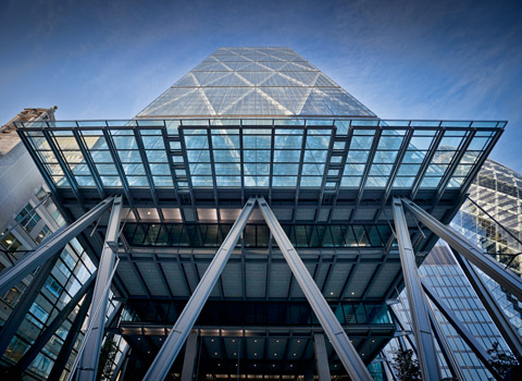 The Cheesegrater in London with the camera looking up