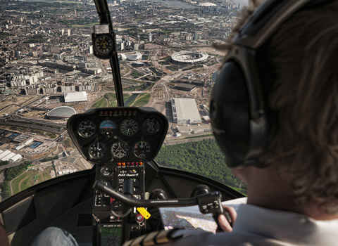 Inside a helicopter over Stratford Olympic site