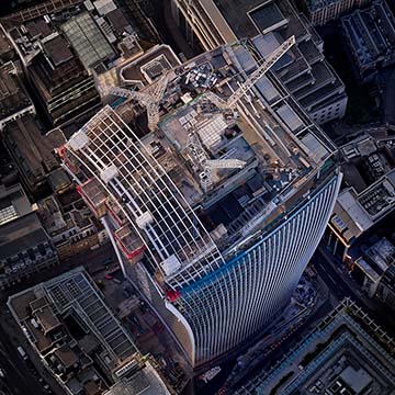 Central London building photographed from the air using a fixed wing airplane flying from Essex