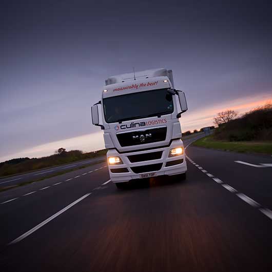 A large lorry driving towards the lens on a road in Hertfordshire