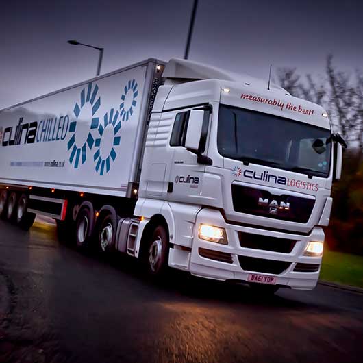 A lorry driving at night