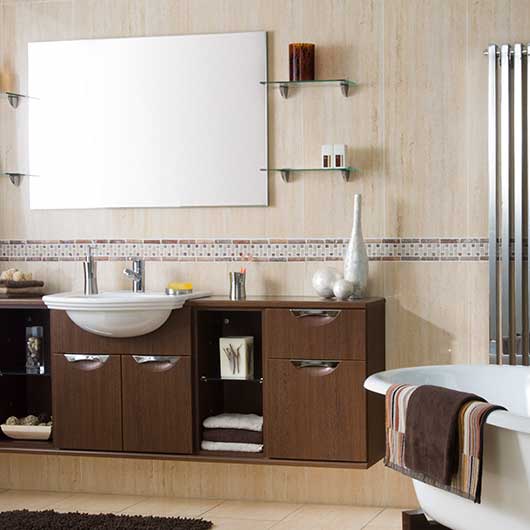 A bathroon set with a large mirror and bath