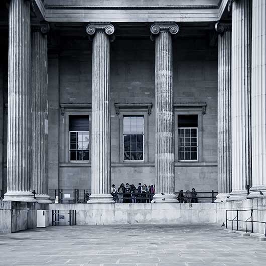 The British Museum on a grey day in black and white